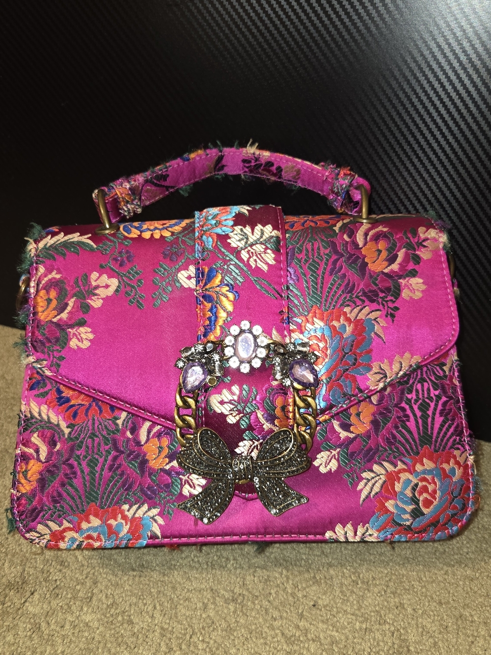 Aldo Hot Pink Floral Satin Top-Handle Satchel with Jeweled Bow Accent